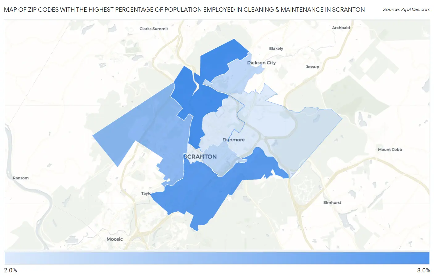 Zip Codes with the Highest Percentage of Population Employed in Cleaning & Maintenance in Scranton Map