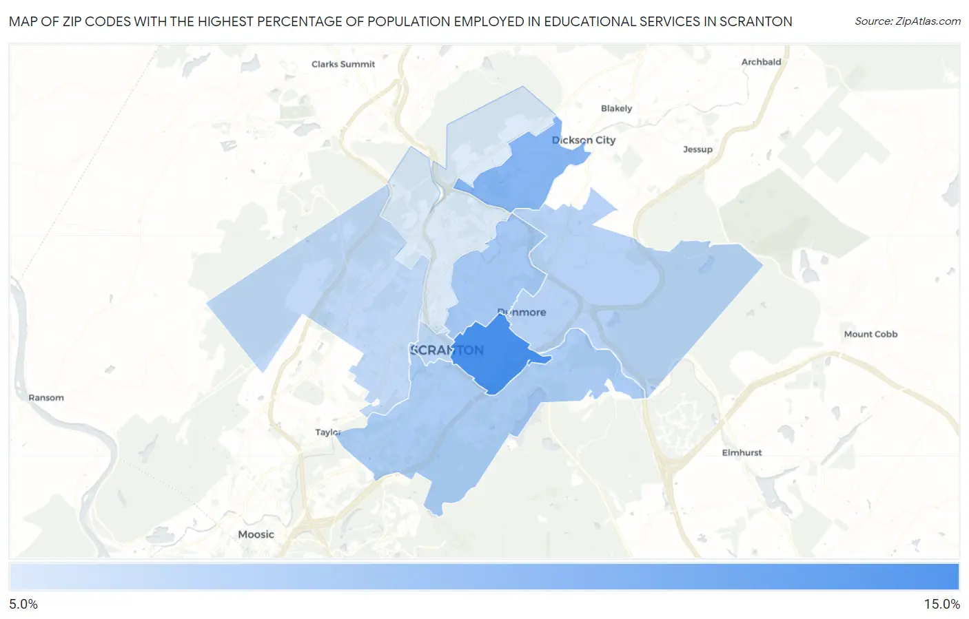 Zip Codes with the Highest Percentage of Population Employed in Educational Services in Scranton Map