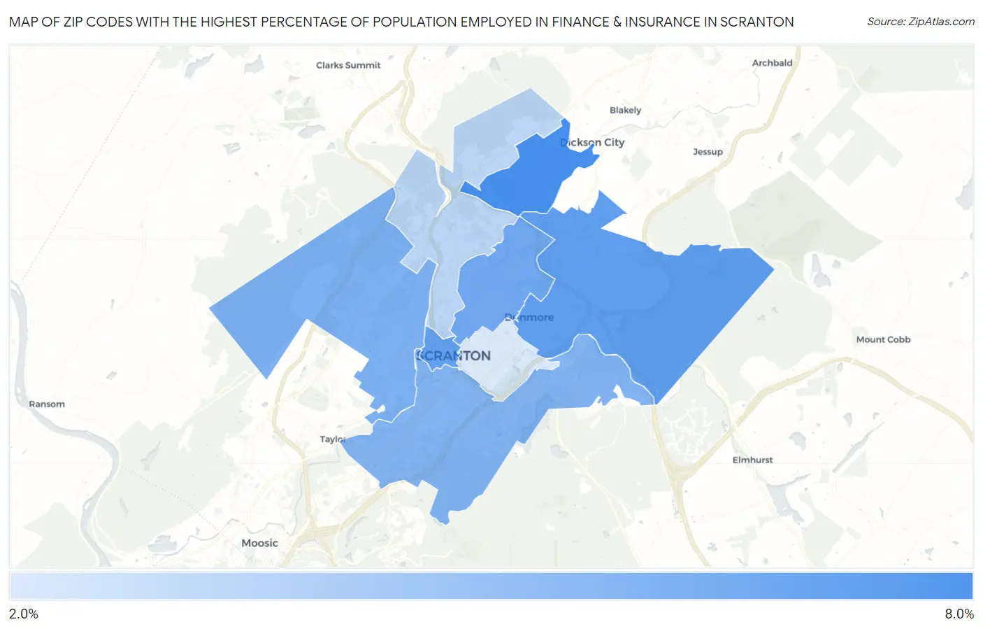 Zip Codes with the Highest Percentage of Population Employed in Finance & Insurance in Scranton Map