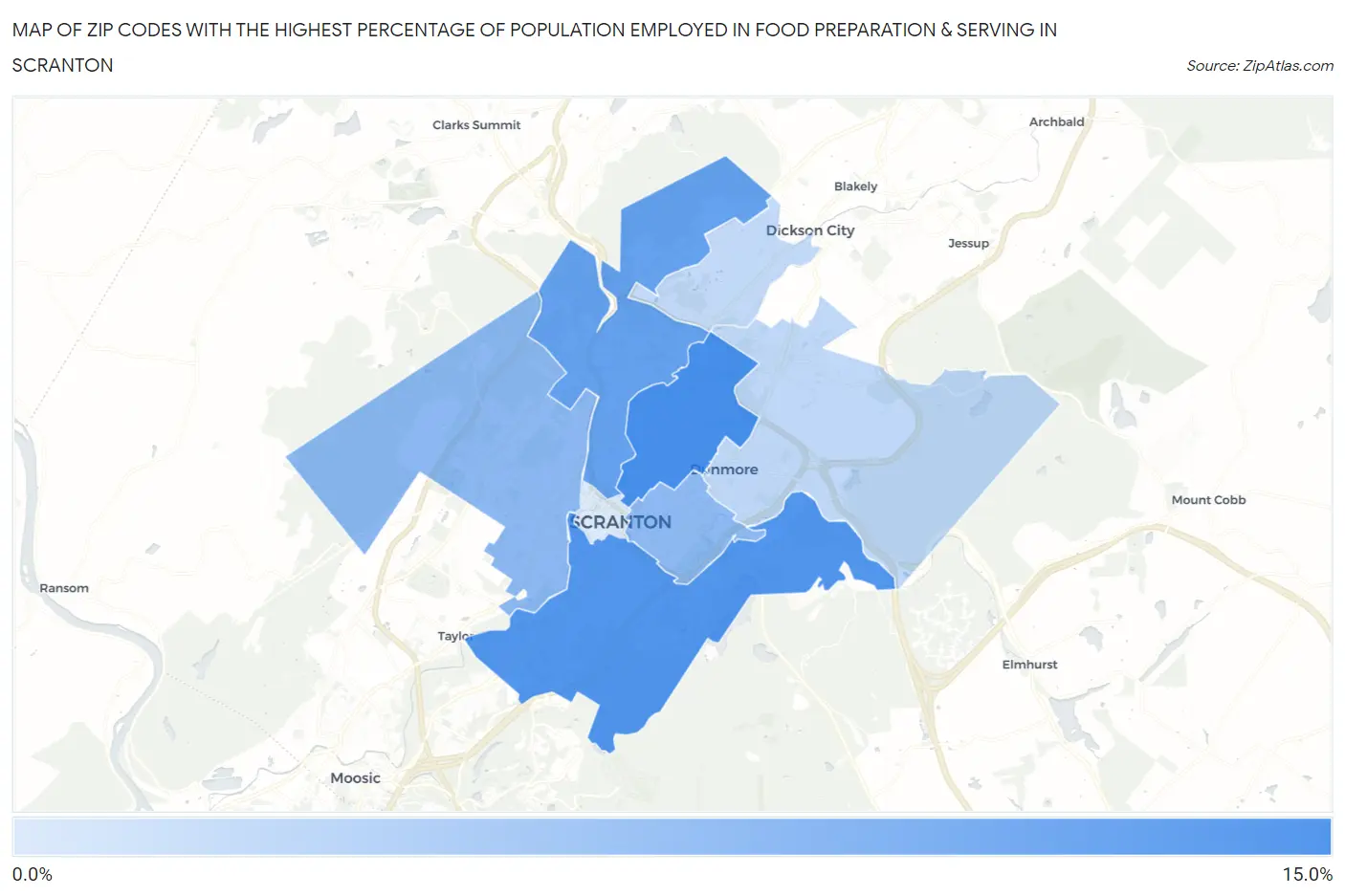 Zip Codes with the Highest Percentage of Population Employed in Food Preparation & Serving in Scranton Map