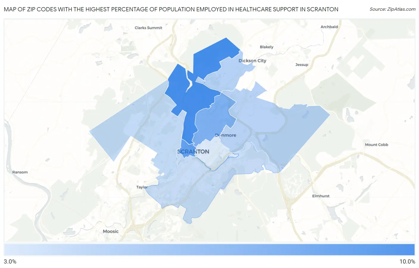 Zip Codes with the Highest Percentage of Population Employed in Healthcare Support in Scranton Map