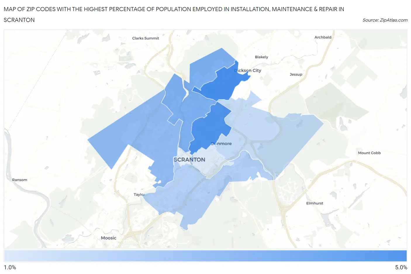 Zip Codes with the Highest Percentage of Population Employed in Installation, Maintenance & Repair in Scranton Map
