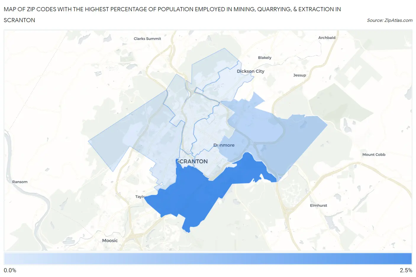Zip Codes with the Highest Percentage of Population Employed in Mining, Quarrying, & Extraction in Scranton Map