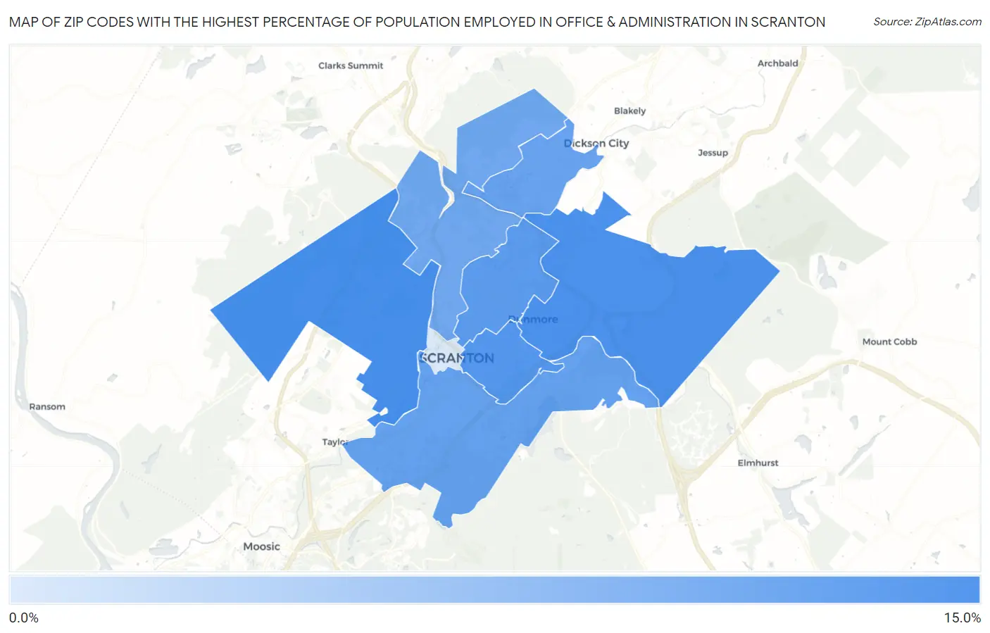 Zip Codes with the Highest Percentage of Population Employed in Office & Administration in Scranton Map