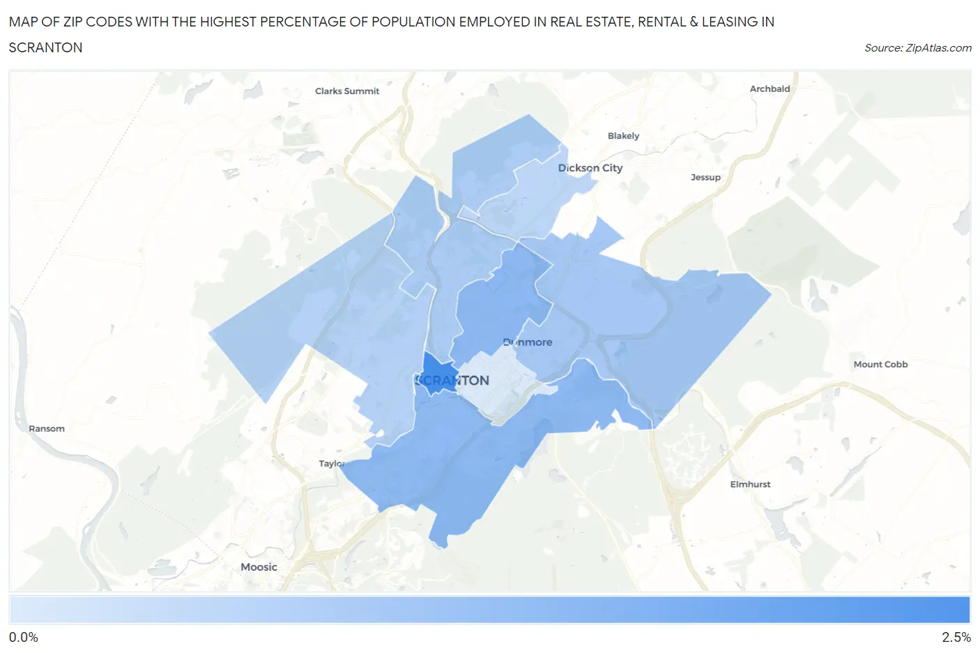 Zip Codes with the Highest Percentage of Population Employed in Real Estate, Rental & Leasing in Scranton Map