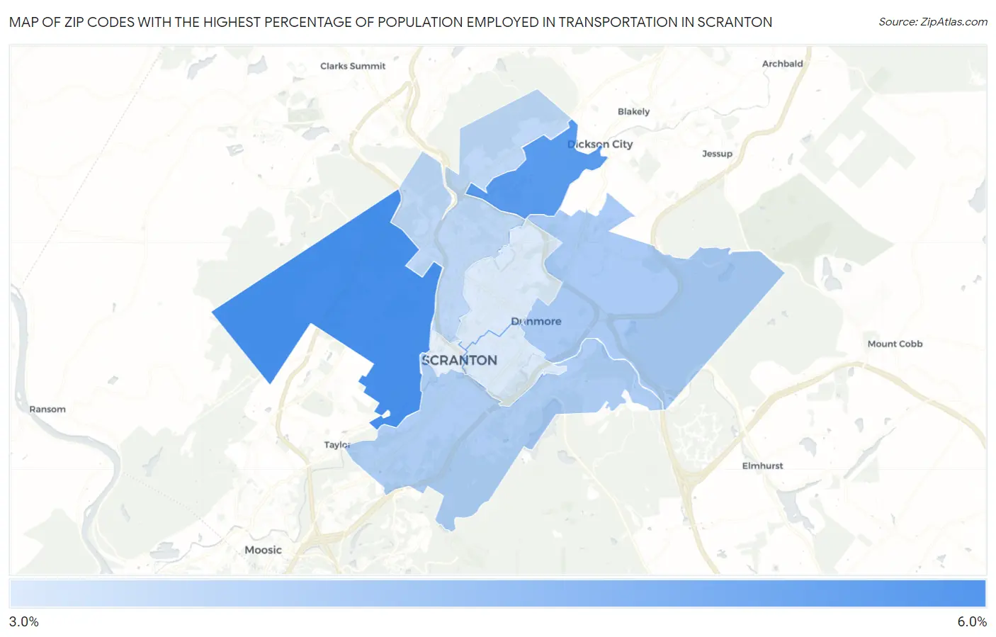 Zip Codes with the Highest Percentage of Population Employed in Transportation in Scranton Map