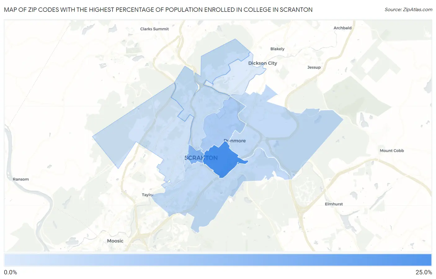 Zip Codes with the Highest Percentage of Population Enrolled in College in Scranton Map