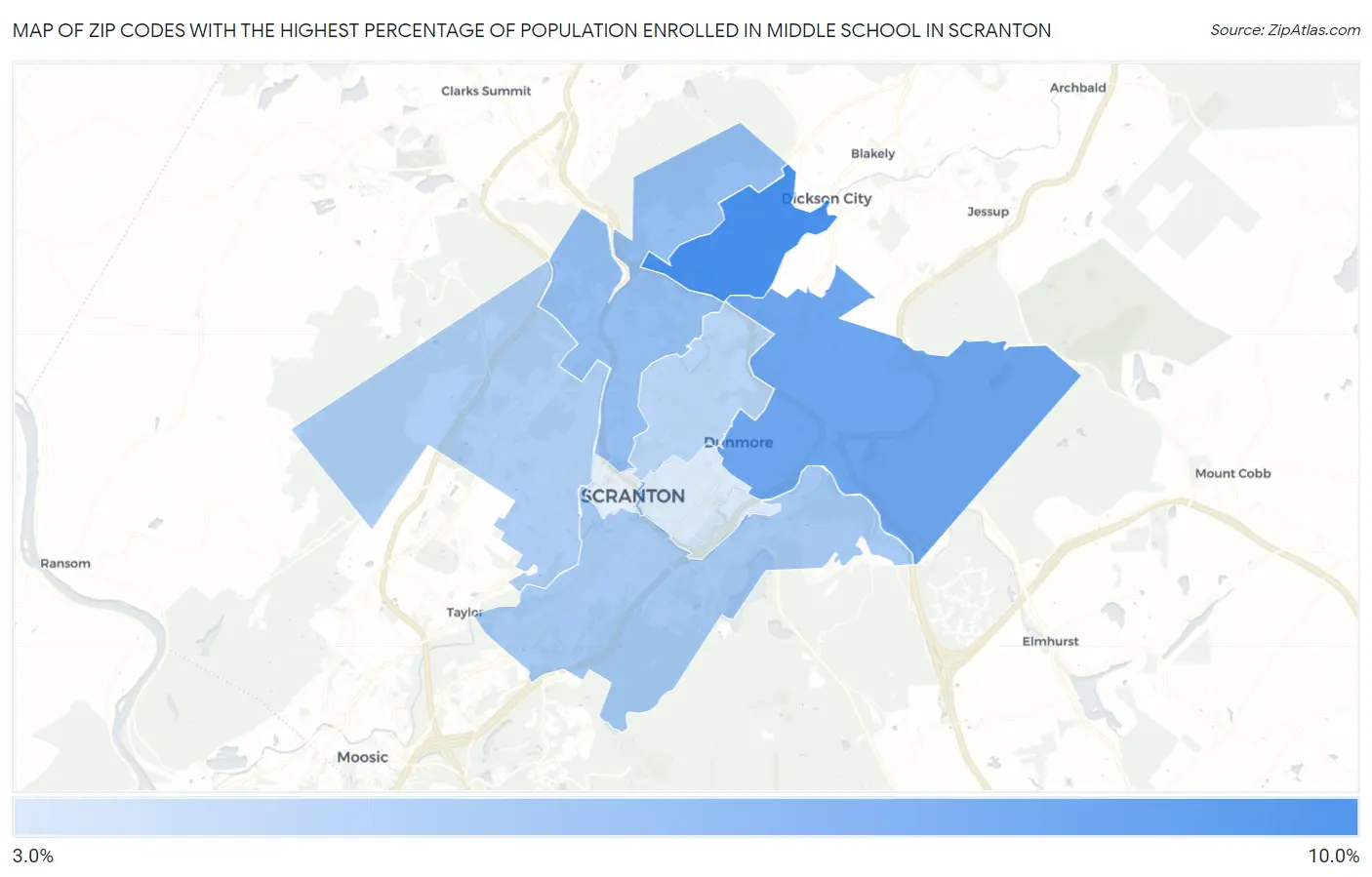 Zip Codes with the Highest Percentage of Population Enrolled in Middle School in Scranton Map
