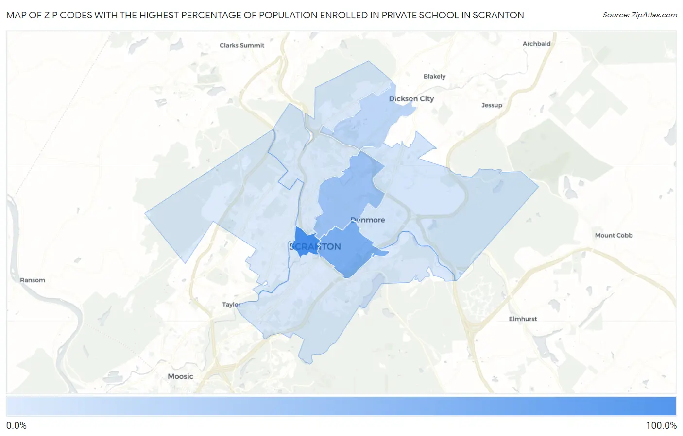 Zip Codes with the Highest Percentage of Population Enrolled in Private School in Scranton Map