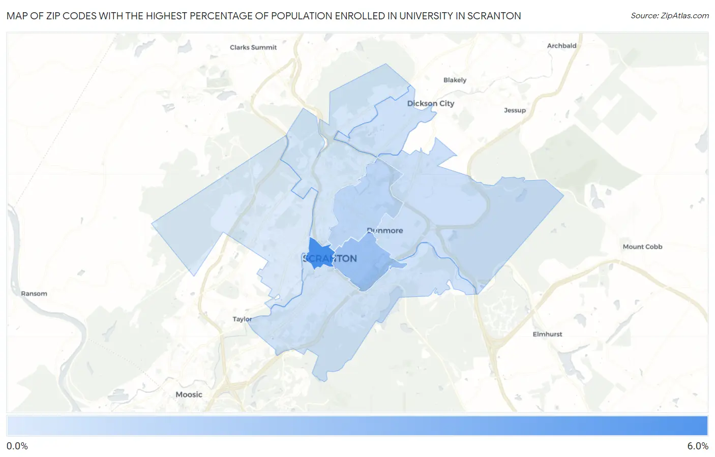 Zip Codes with the Highest Percentage of Population Enrolled in University in Scranton Map