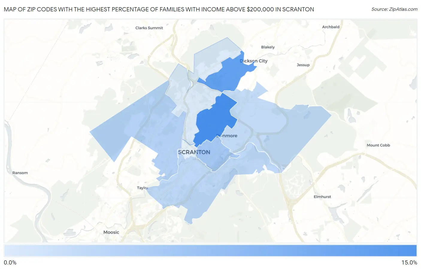 Zip Codes with the Highest Percentage of Families with Income Above $200,000 in Scranton Map