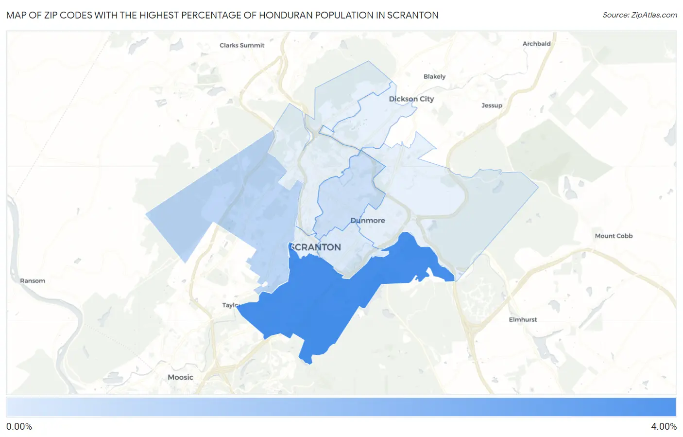 Zip Codes with the Highest Percentage of Honduran Population in Scranton Map
