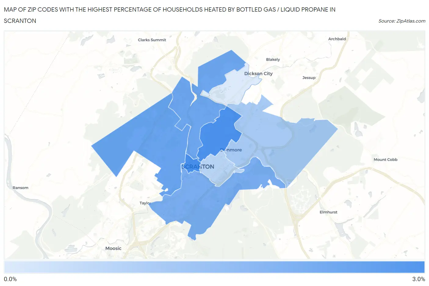 Zip Codes with the Highest Percentage of Households Heated by Bottled Gas / Liquid Propane in Scranton Map
