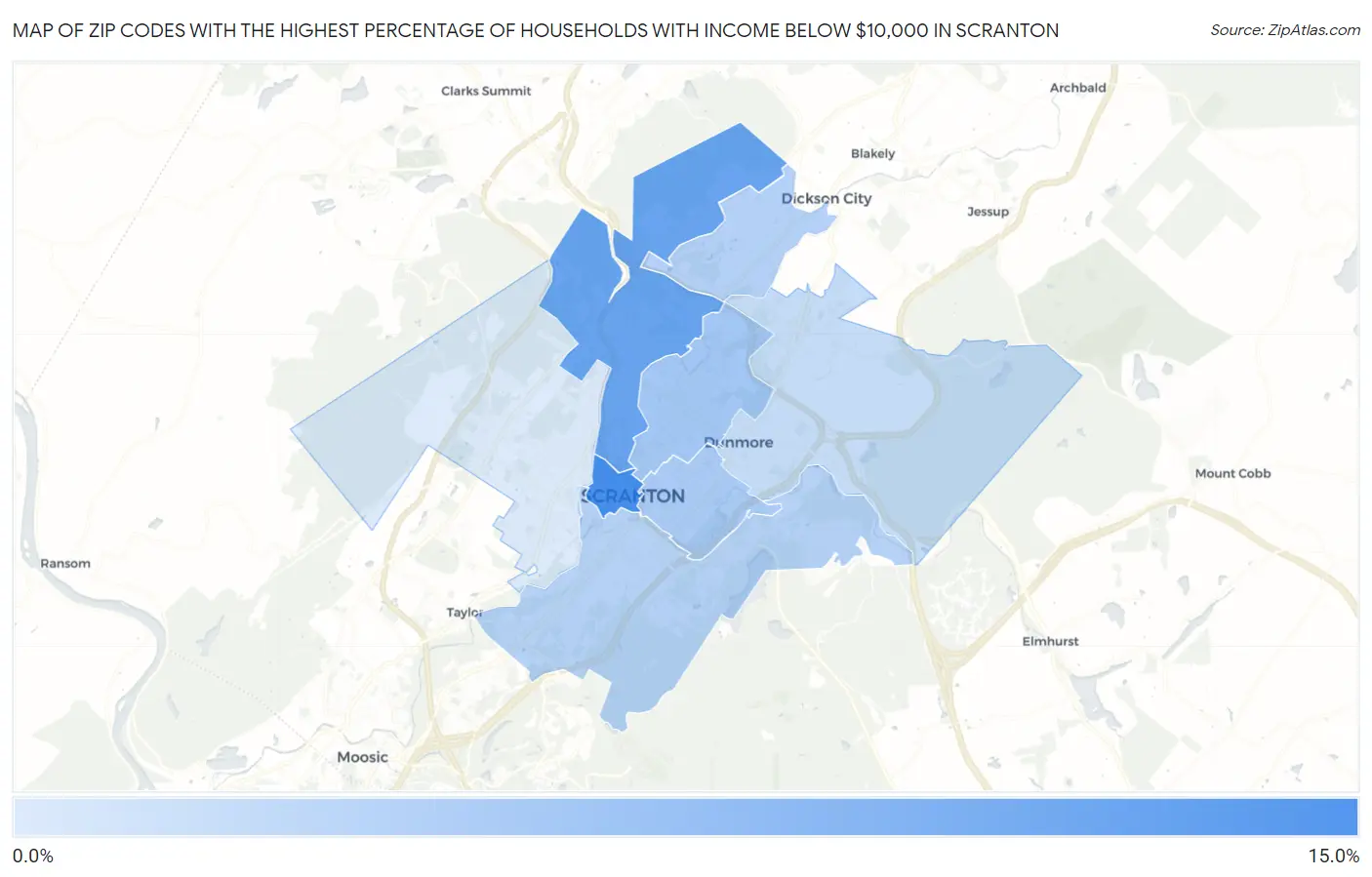 Zip Codes with the Highest Percentage of Households with Income Below $10,000 in Scranton Map