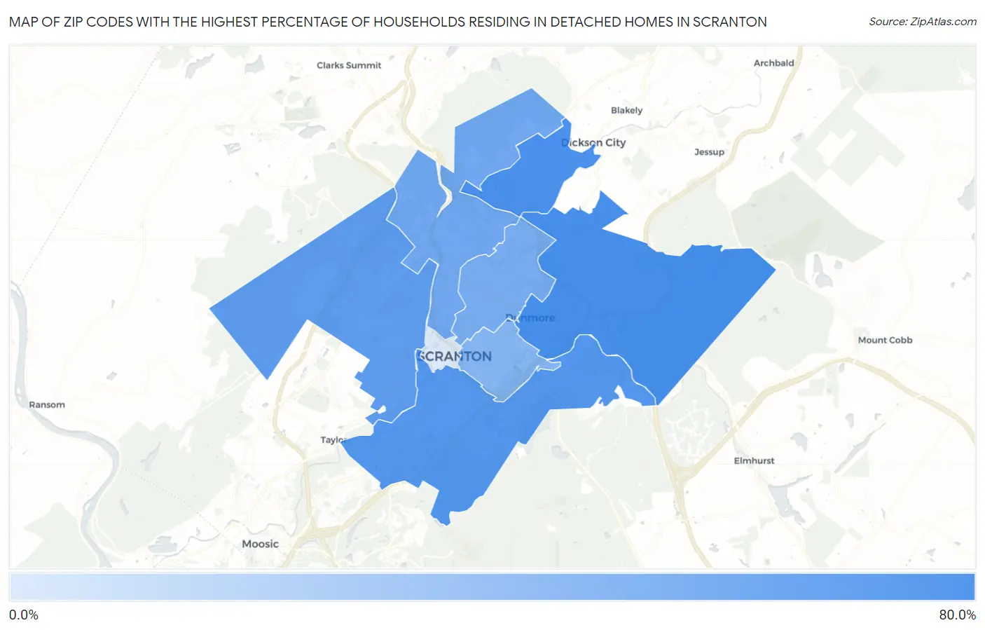 Zip Codes with the Highest Percentage of Households Residing in Detached Homes in Scranton Map