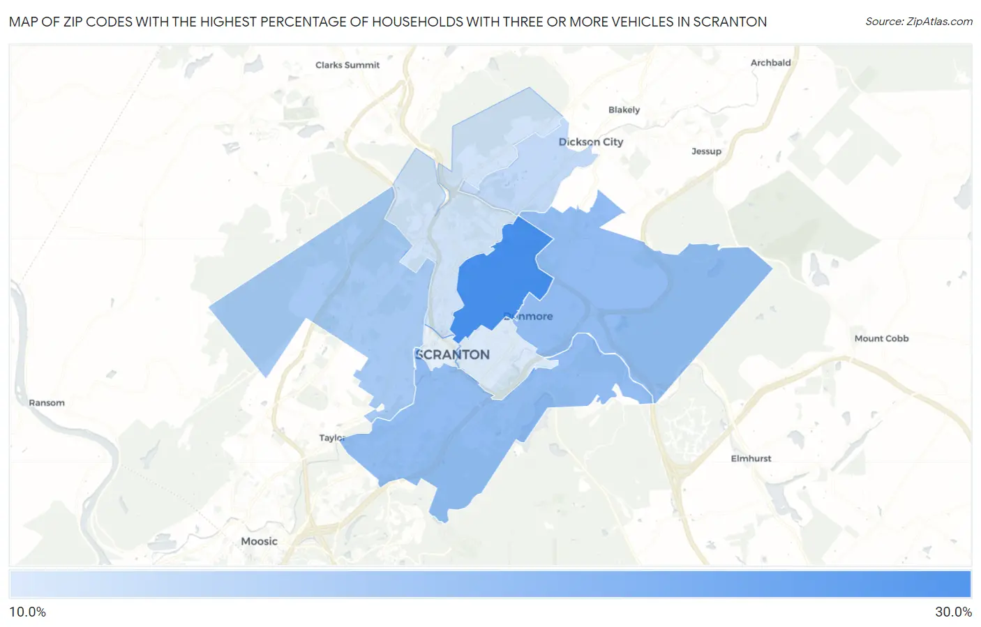 Zip Codes with the Highest Percentage of Households With Three or more Vehicles in Scranton Map