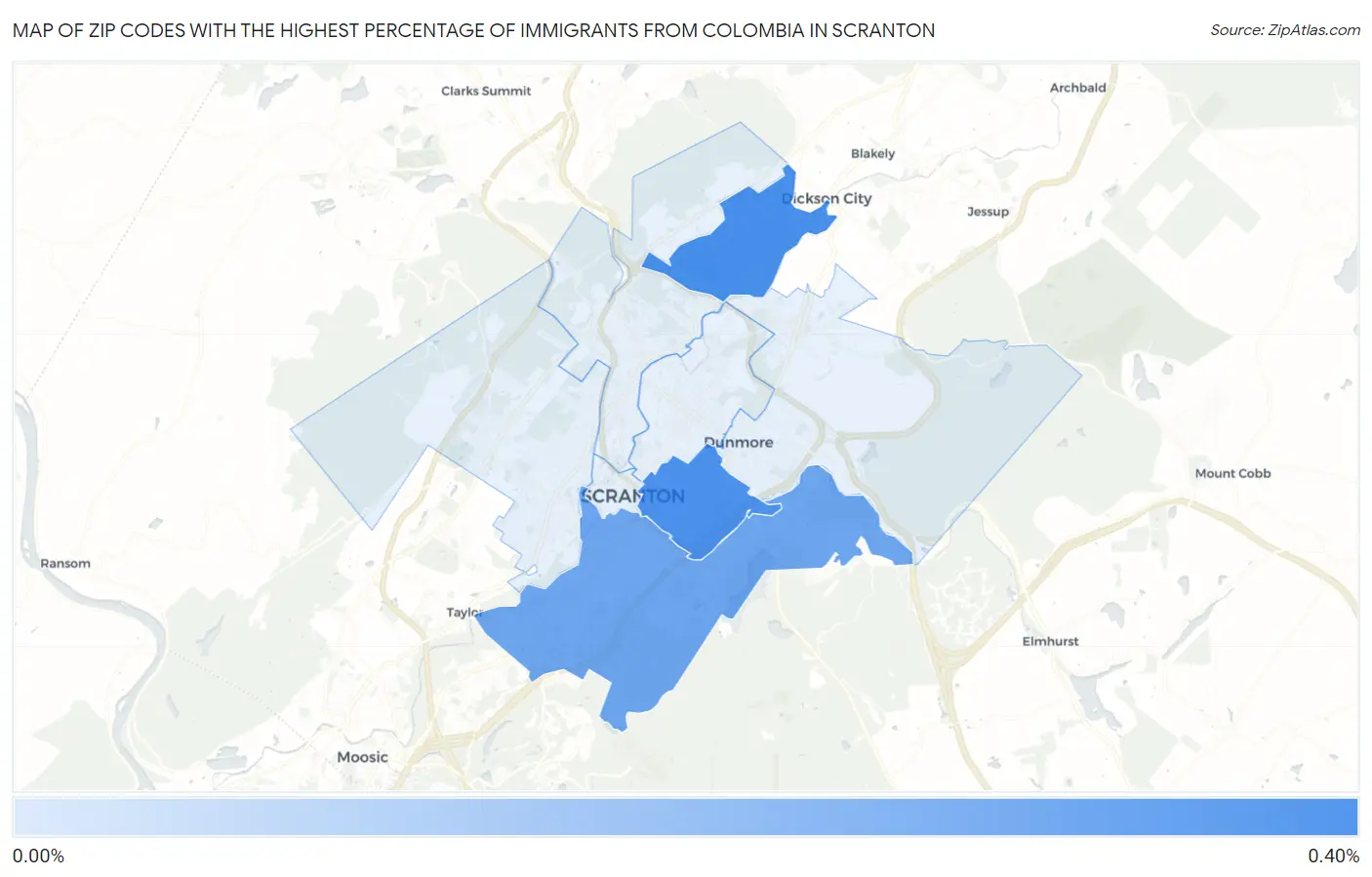 Zip Codes with the Highest Percentage of Immigrants from Colombia in Scranton Map