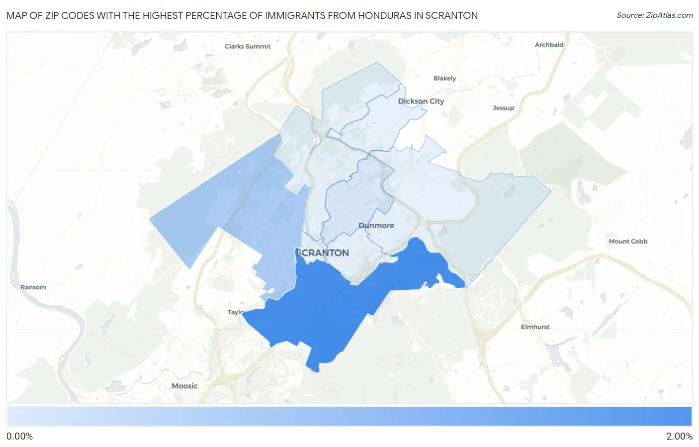 Zip Codes with the Highest Percentage of Immigrants from Honduras in Scranton Map