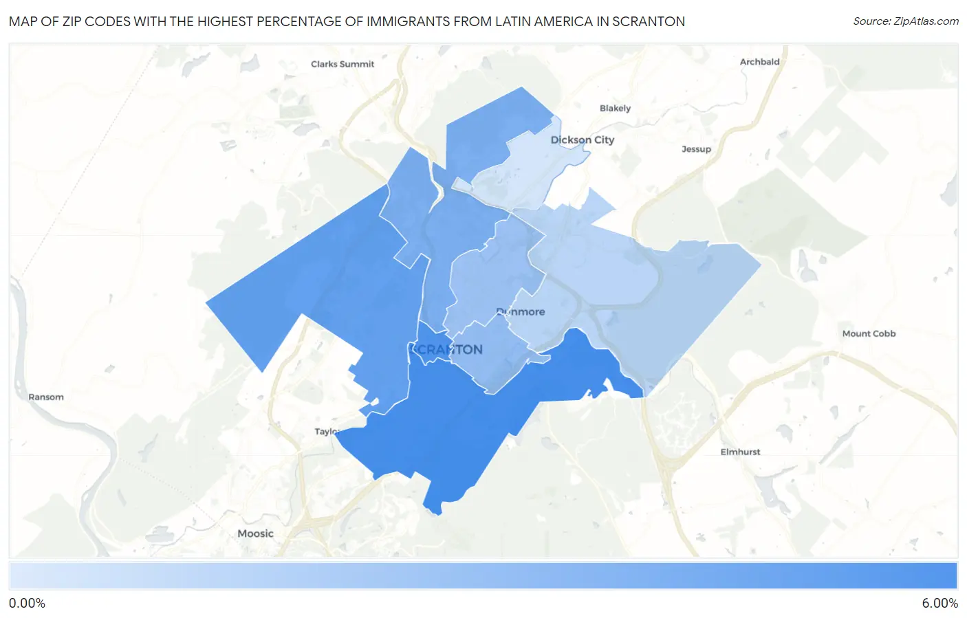 Zip Codes with the Highest Percentage of Immigrants from Latin America in Scranton Map