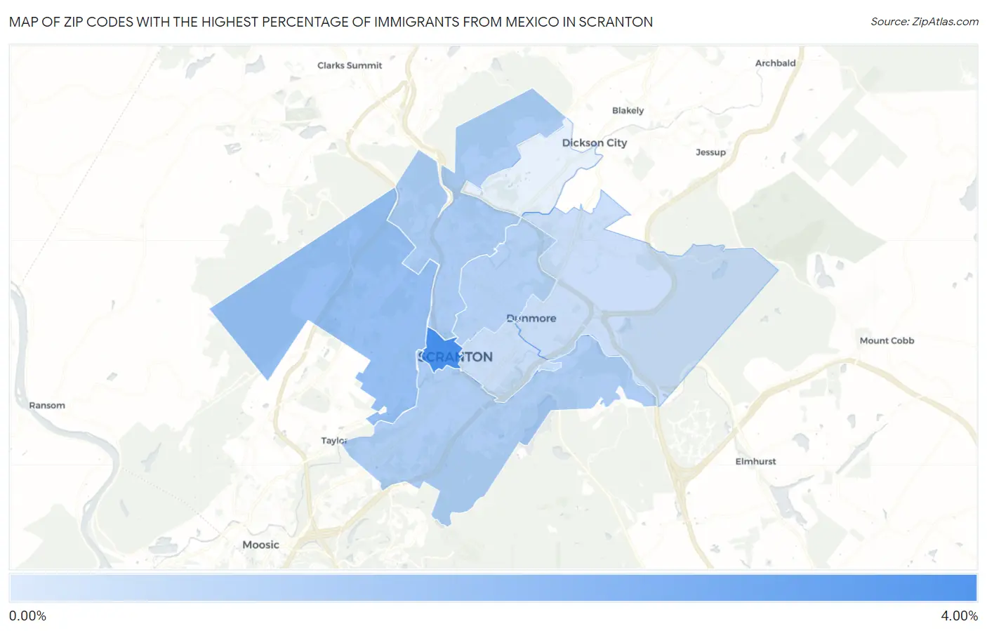 Zip Codes with the Highest Percentage of Immigrants from Mexico in Scranton Map