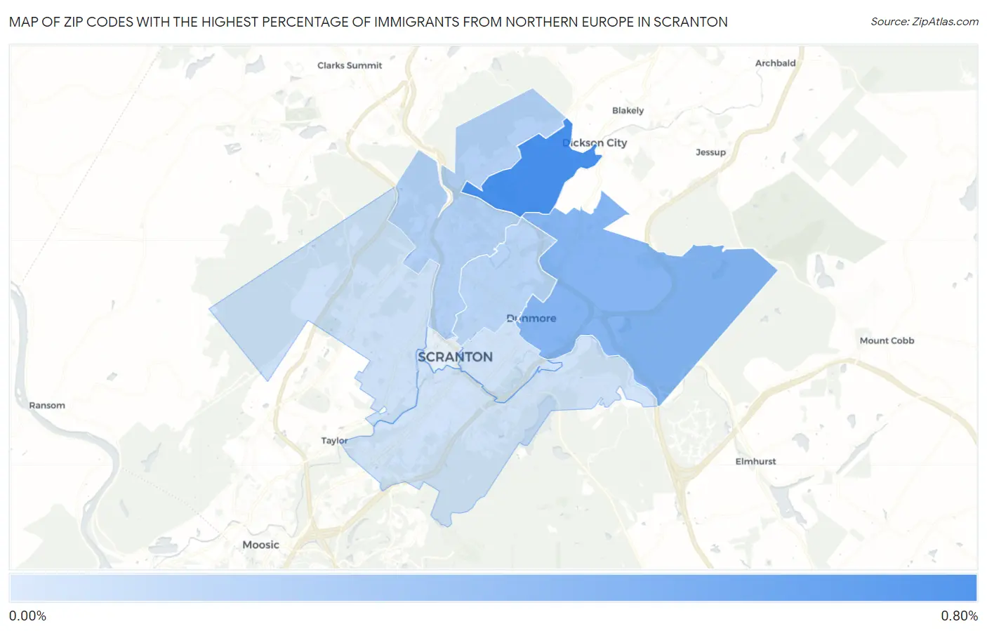 Zip Codes with the Highest Percentage of Immigrants from Northern Europe in Scranton Map