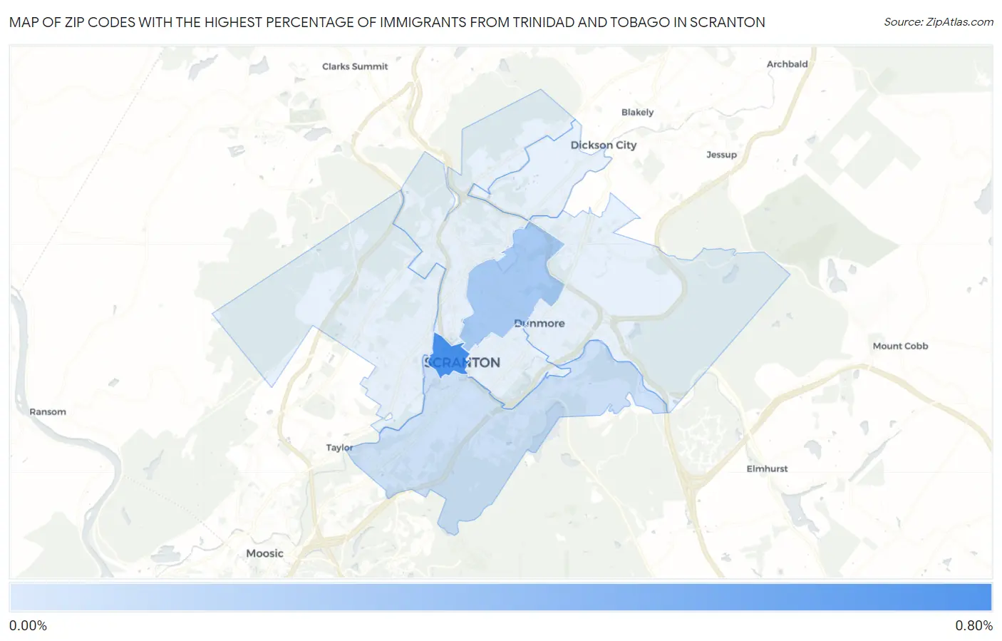 Zip Codes with the Highest Percentage of Immigrants from Trinidad and Tobago in Scranton Map