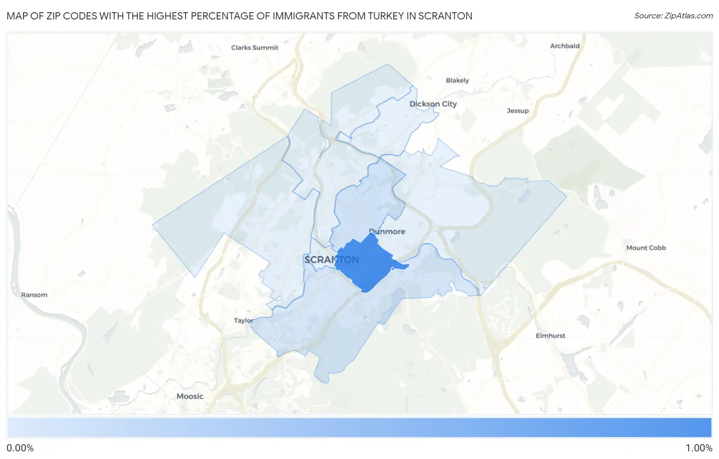Zip Codes with the Highest Percentage of Immigrants from Turkey in Scranton Map