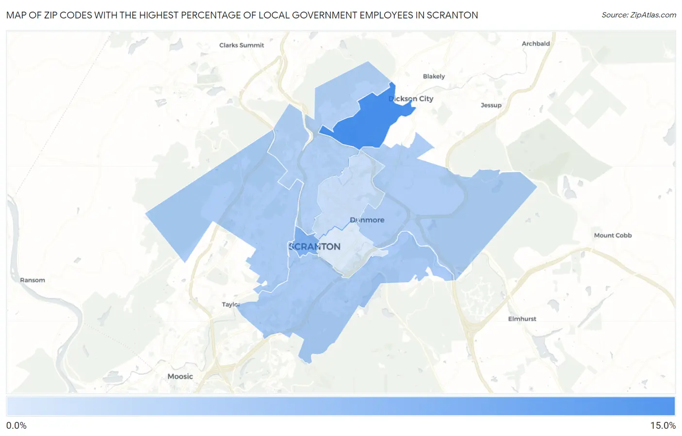 Zip Codes with the Highest Percentage of Local Government Employees in Scranton Map