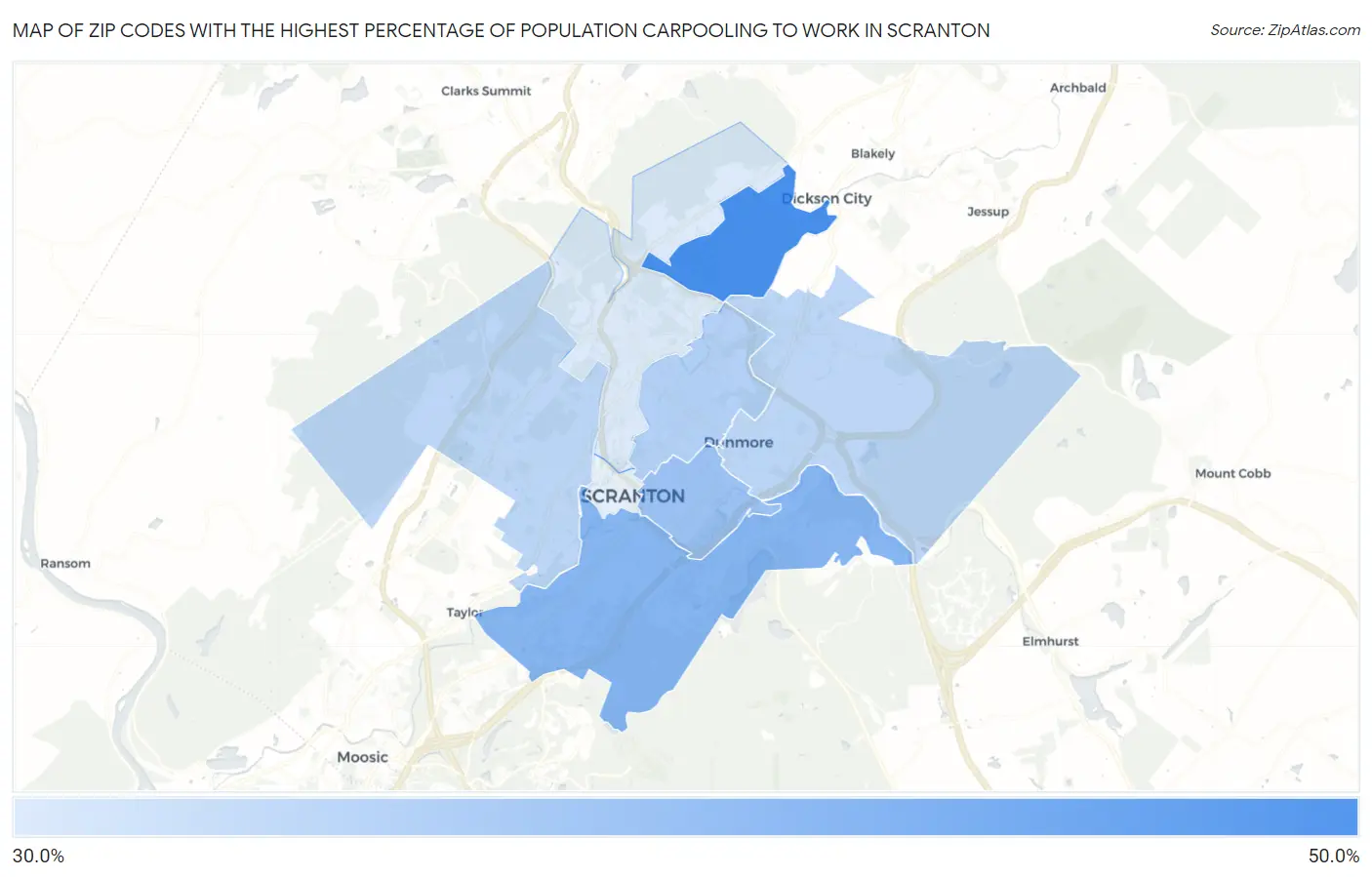 Zip Codes with the Highest Percentage of Population Carpooling to Work in Scranton Map