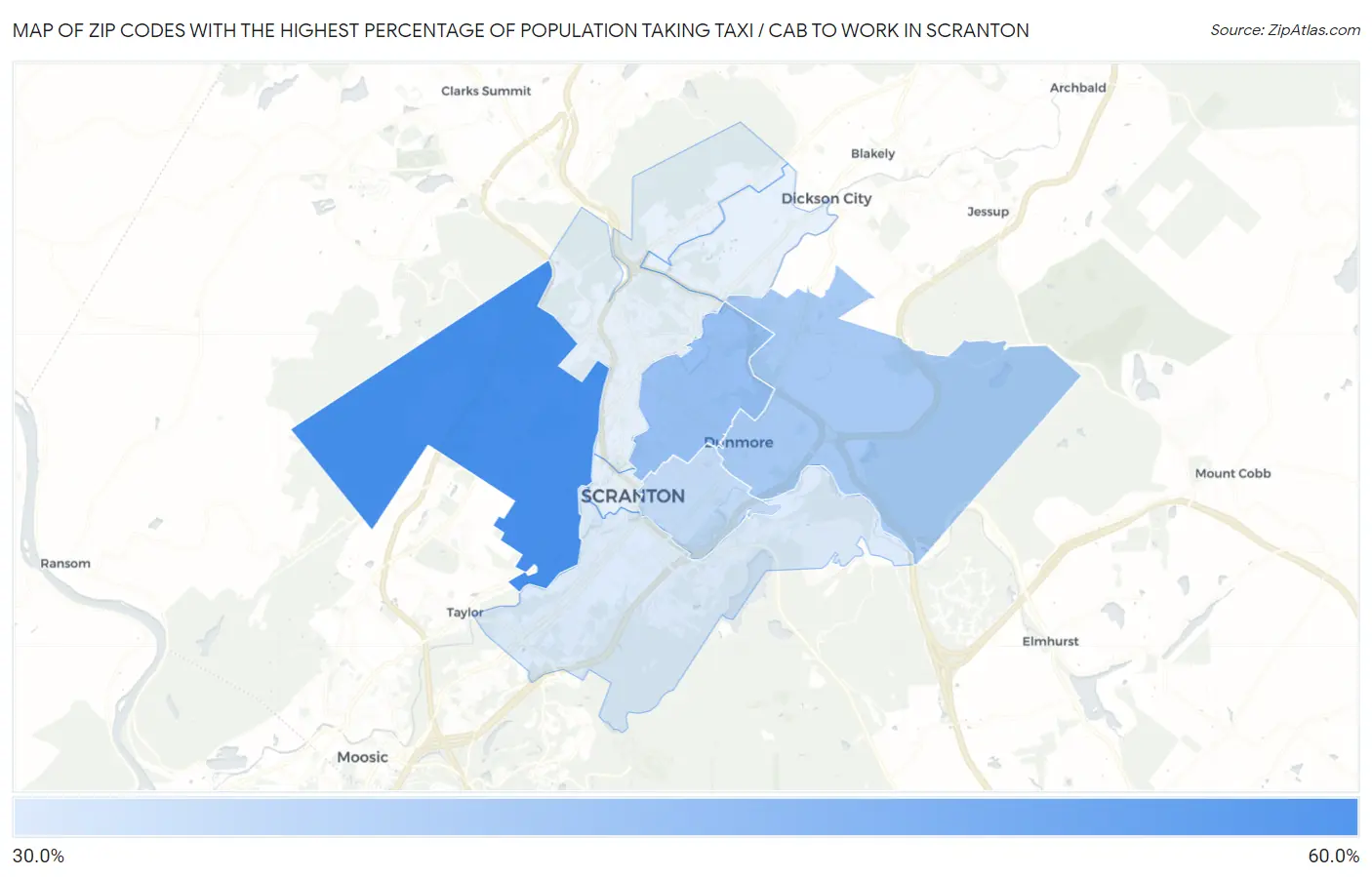 Zip Codes with the Highest Percentage of Population Taking Taxi / Cab to Work in Scranton Map