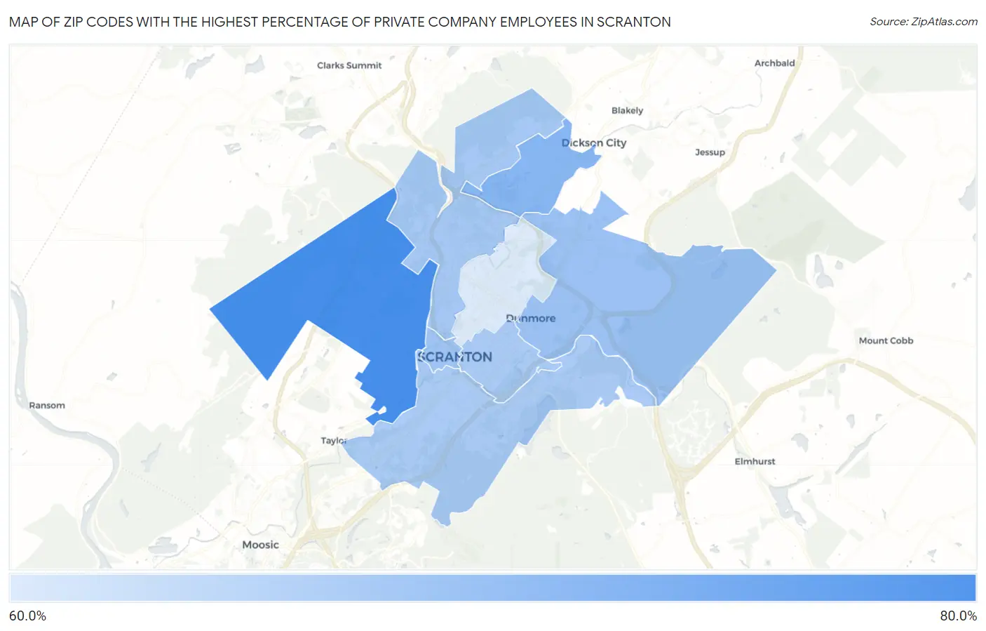 Zip Codes with the Highest Percentage of Private Company Employees in Scranton Map
