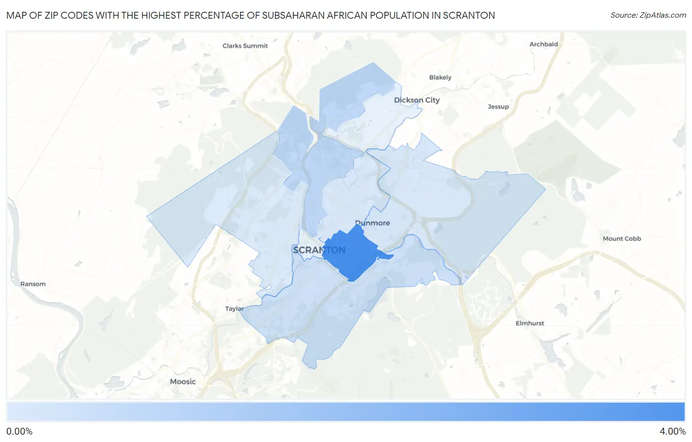 Zip Codes with the Highest Percentage of Subsaharan African Population in Scranton Map