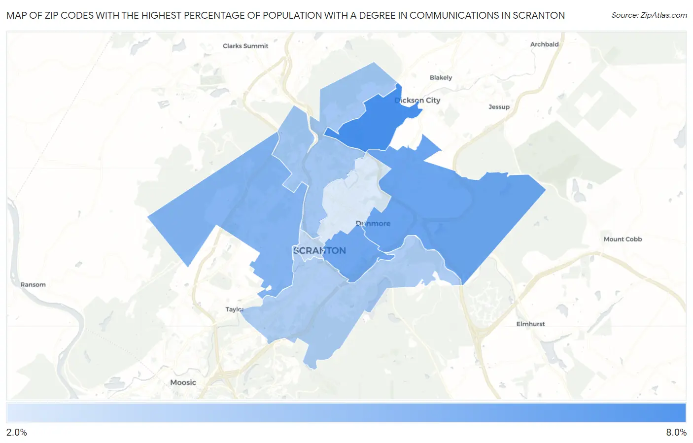 Zip Codes with the Highest Percentage of Population with a Degree in Communications in Scranton Map