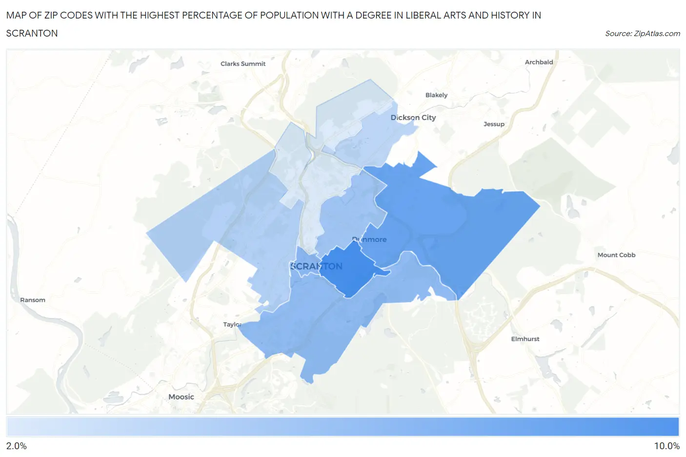 Zip Codes with the Highest Percentage of Population with a Degree in Liberal Arts and History in Scranton Map