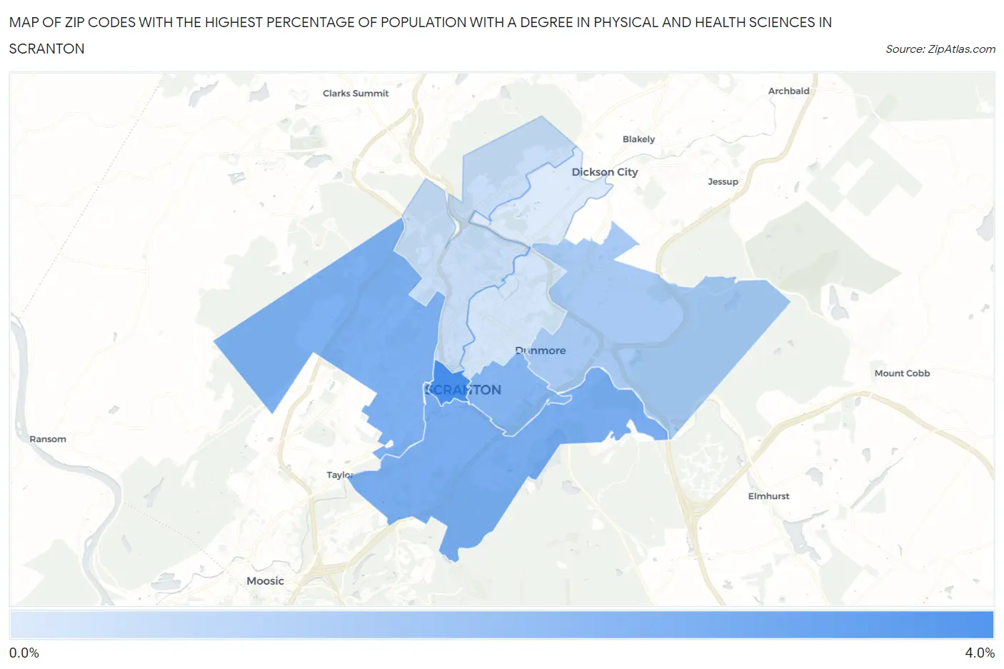 Zip Codes with the Highest Percentage of Population with a Degree in Physical and Health Sciences in Scranton Map