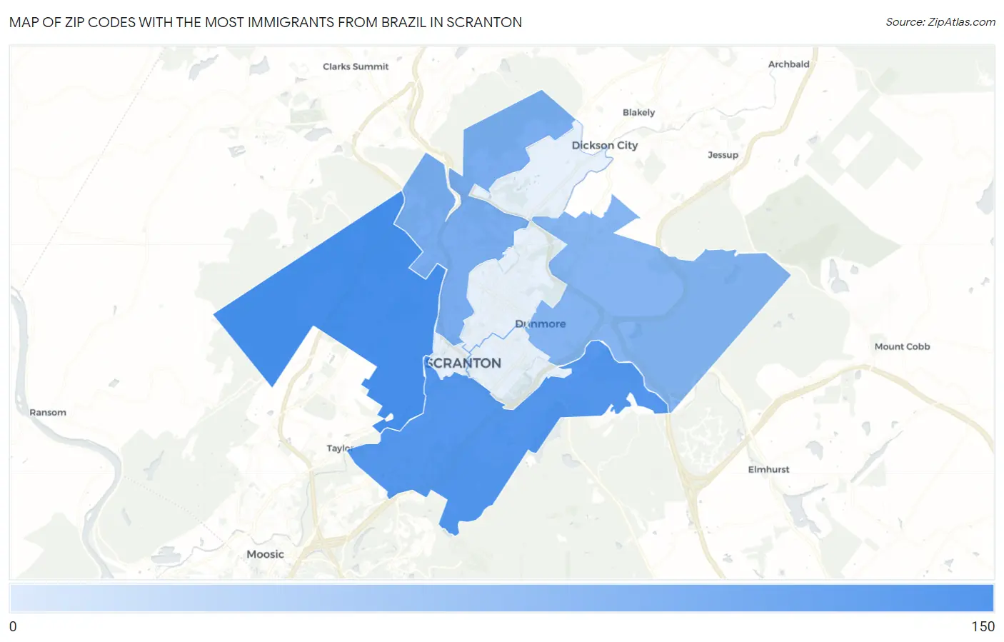Zip Codes with the Most Immigrants from Brazil in Scranton Map