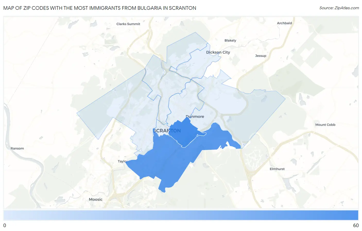 Zip Codes with the Most Immigrants from Bulgaria in Scranton Map