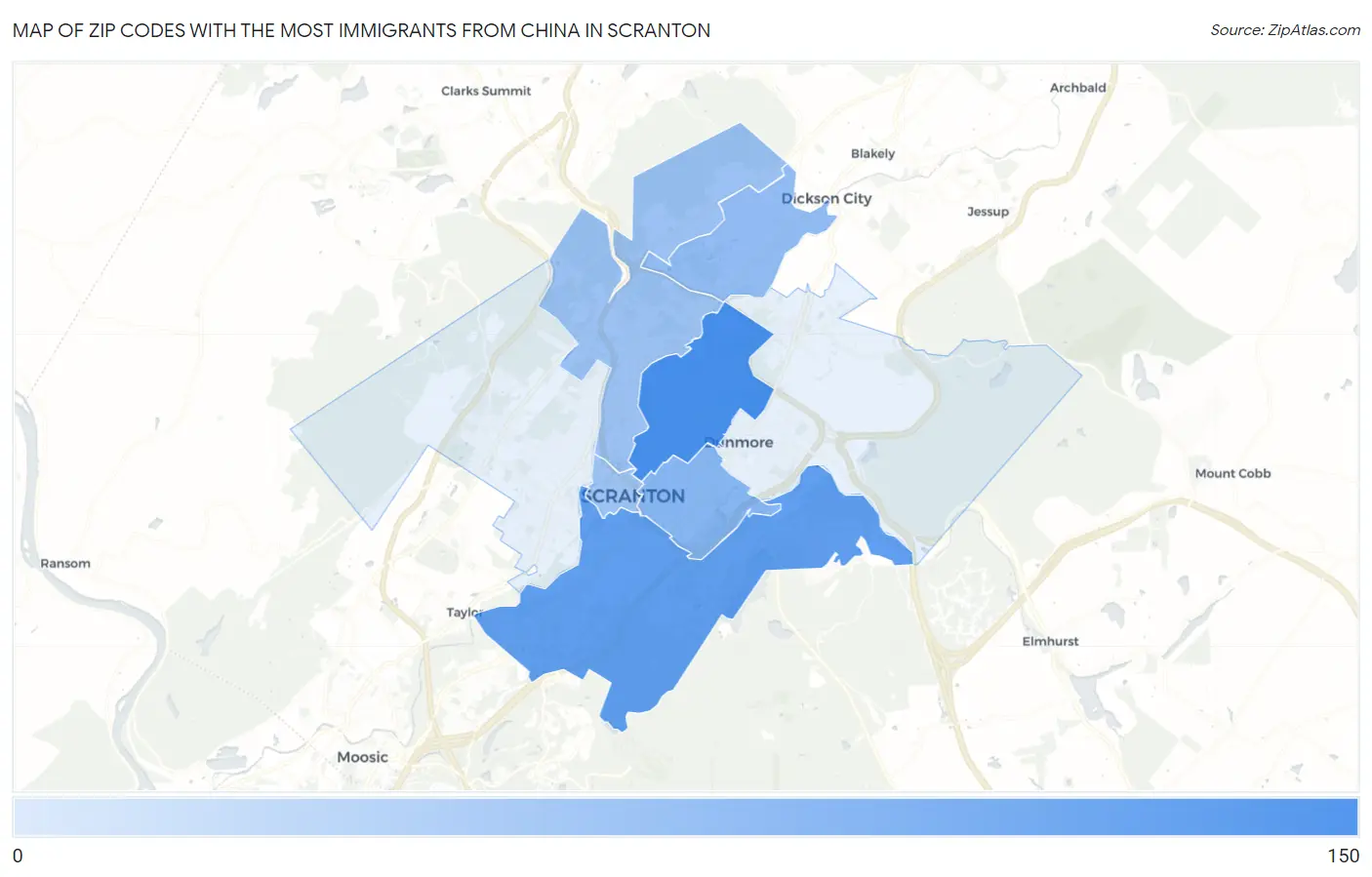 Zip Codes with the Most Immigrants from China in Scranton Map