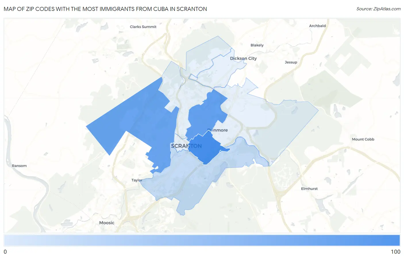 Zip Codes with the Most Immigrants from Cuba in Scranton Map