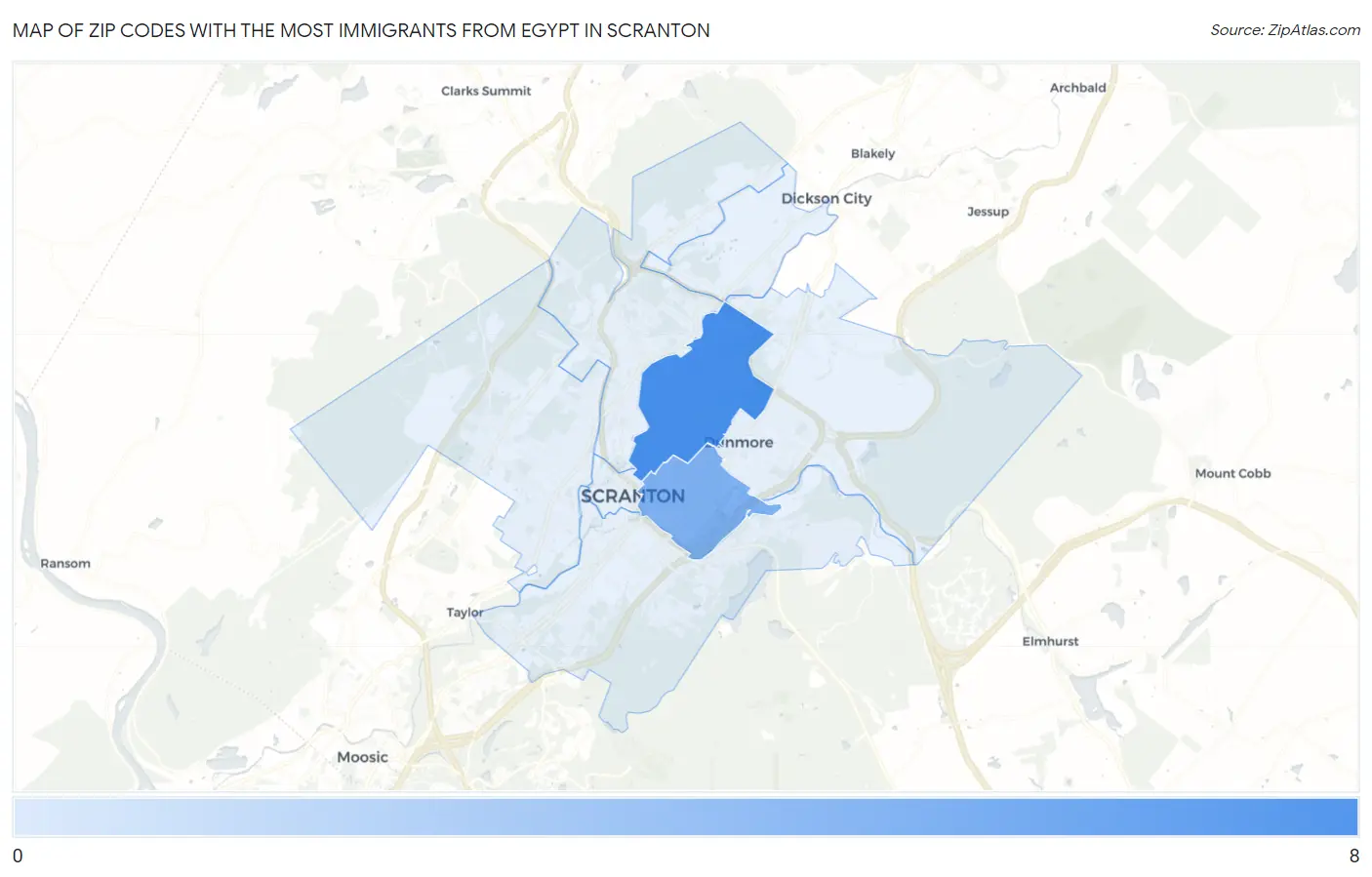 Zip Codes with the Most Immigrants from Egypt in Scranton Map
