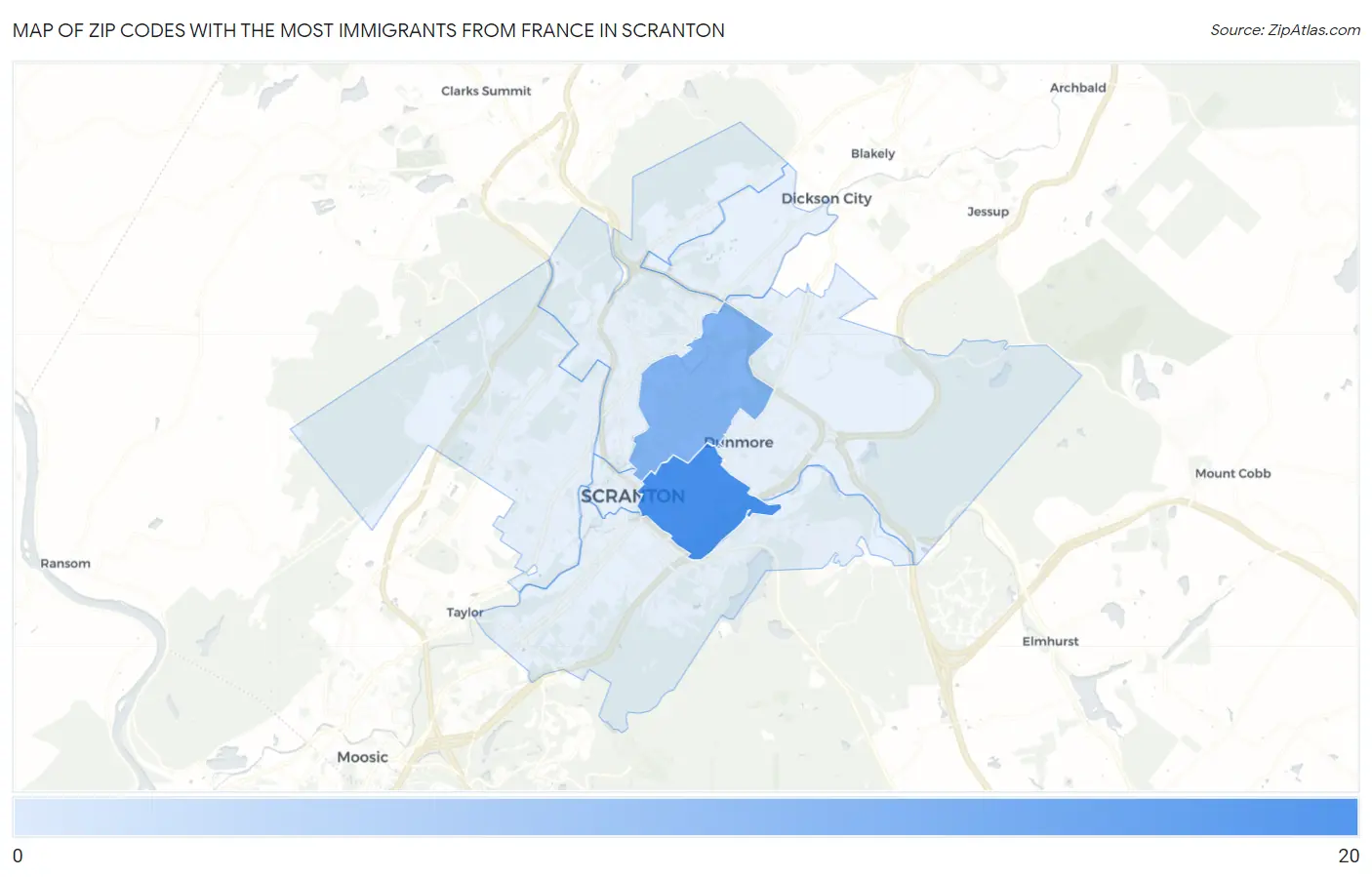 Zip Codes with the Most Immigrants from France in Scranton Map