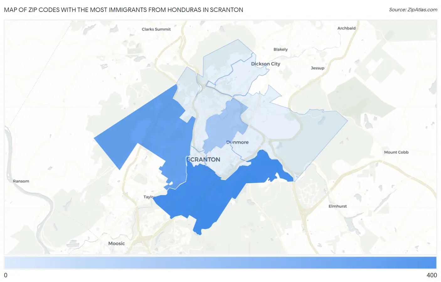 Zip Codes with the Most Immigrants from Honduras in Scranton Map