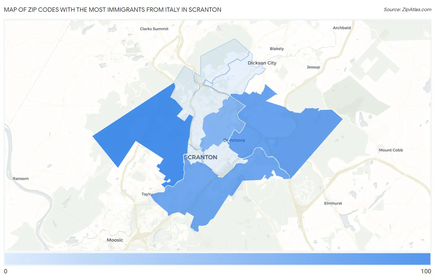 Zip Codes with the Most Immigrants from Italy in Scranton Map