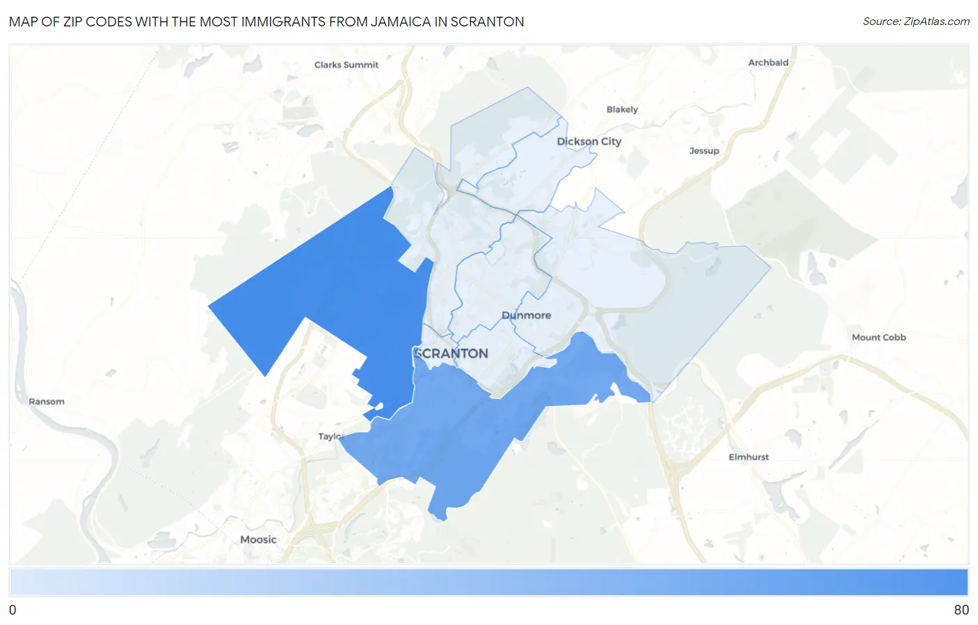 Zip Codes with the Most Immigrants from Jamaica in Scranton Map
