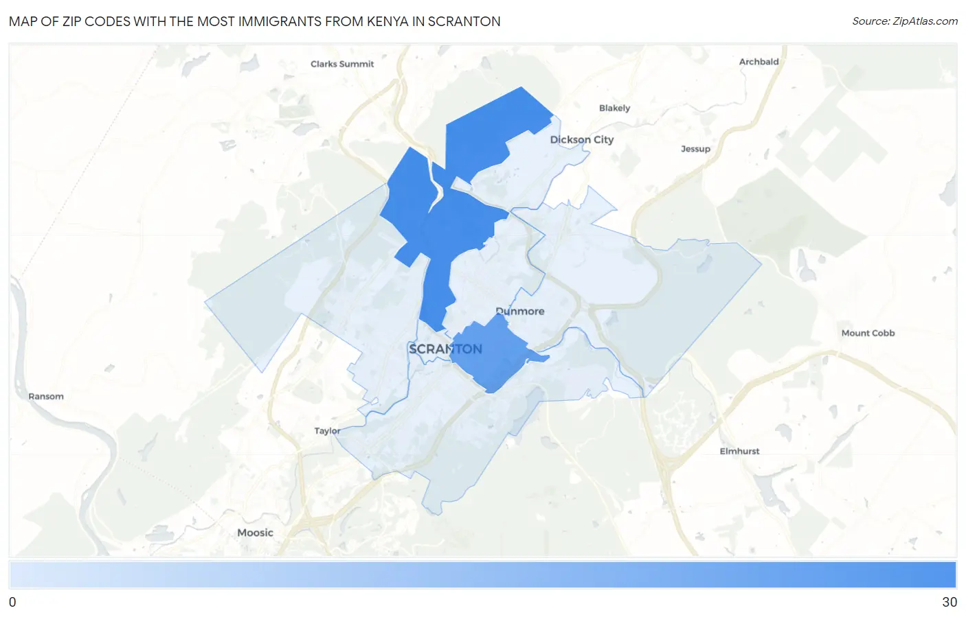 Zip Codes with the Most Immigrants from Kenya in Scranton Map