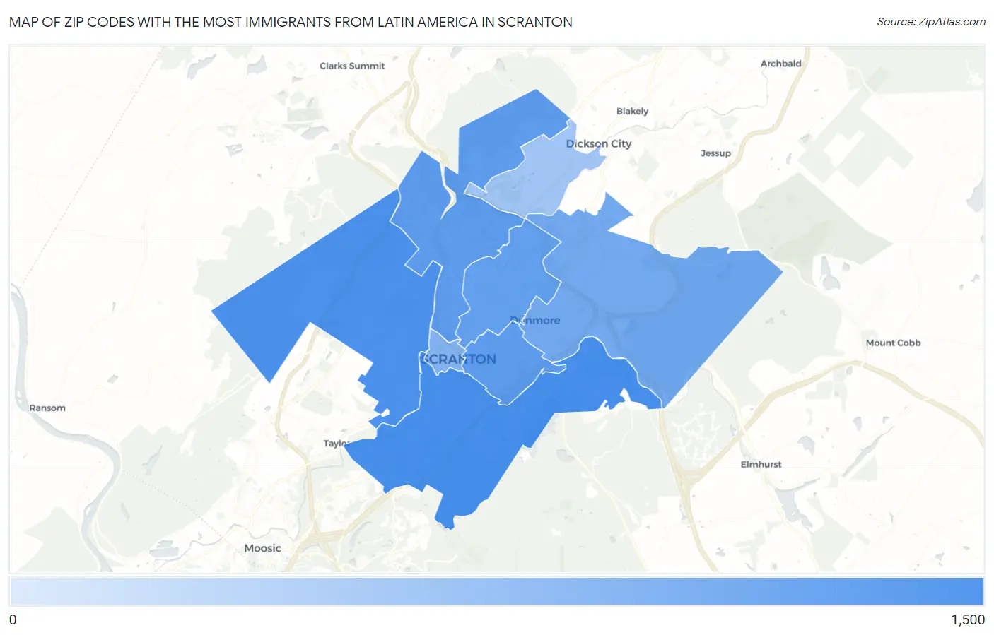 Zip Codes with the Most Immigrants from Latin America in Scranton Map