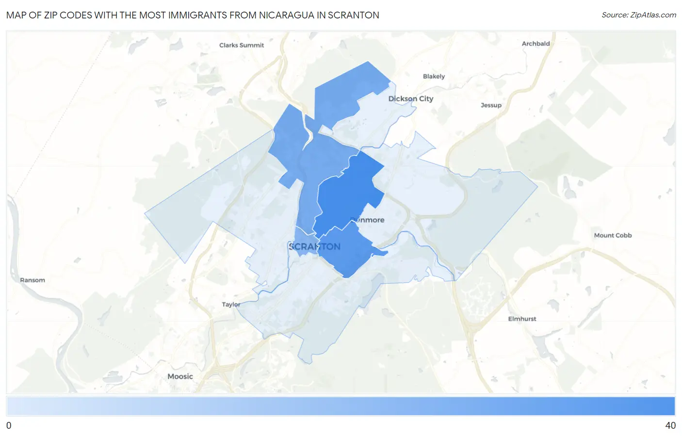 Zip Codes with the Most Immigrants from Nicaragua in Scranton Map