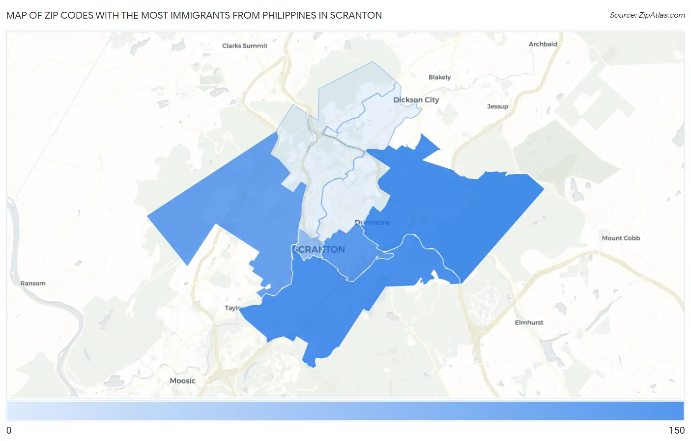Zip Codes with the Most Immigrants from Philippines in Scranton Map