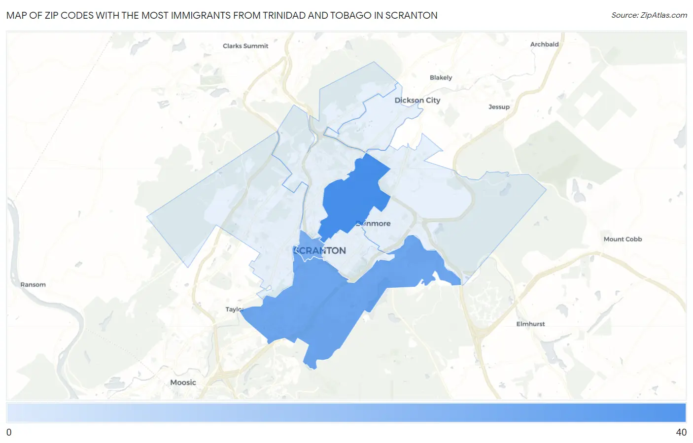 Zip Codes with the Most Immigrants from Trinidad and Tobago in Scranton Map