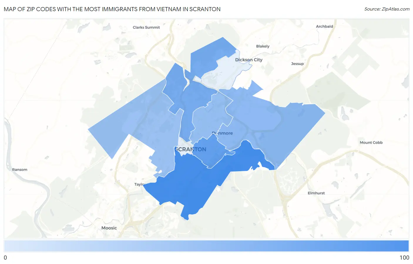 Zip Codes with the Most Immigrants from Vietnam in Scranton Map